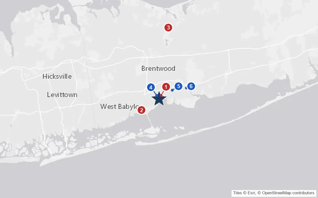 Area map of Atria Bay Shore with the nearest hospitals and LIRR stations