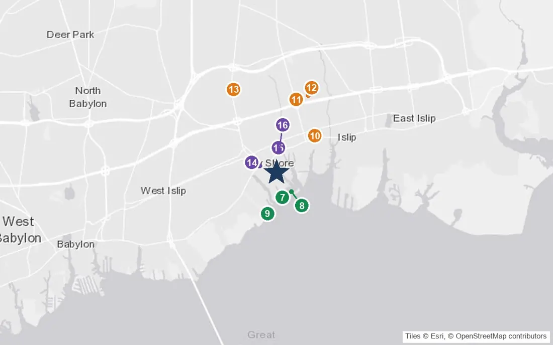 Close-up map of Atria Bay Shore with nearby parks, shops, pharmacies and places of worship