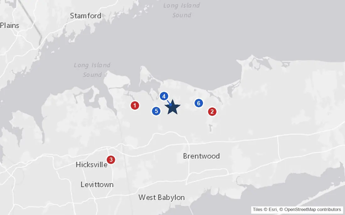 Area map of Atria East Northport with the nearest hospitals and LIRR stations
