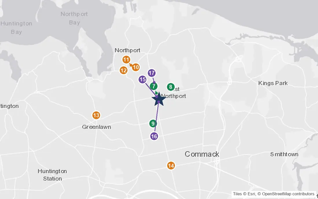 Close-up map of Atria East Northport with nearby parks, shops, pharmacies and places of worship
