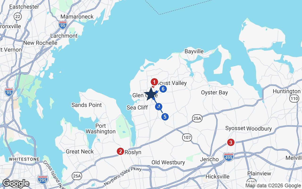 Area map of Atria Glen Cove with the nearest hospitals and LIRR stations