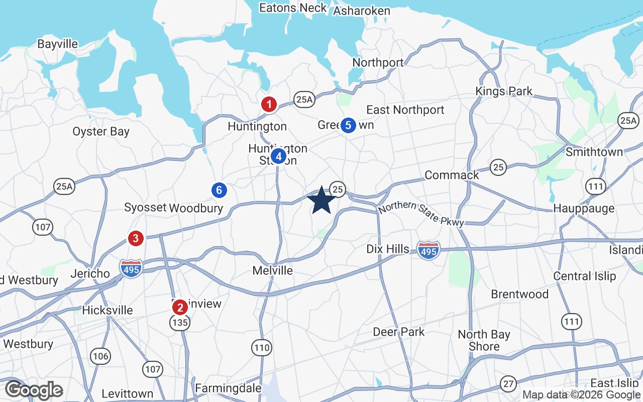 Area map of Atria Huntington with the nearest hospitals and LIRR stations