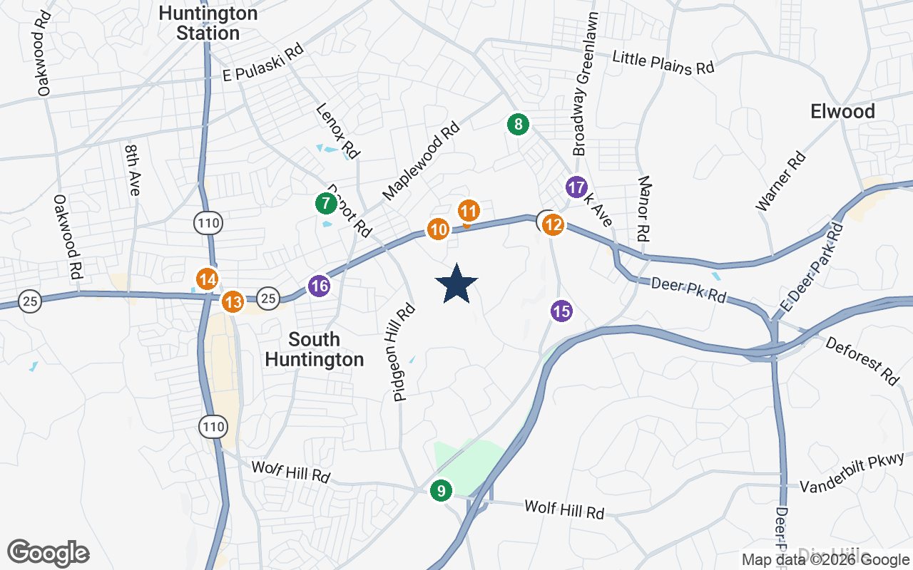Close-up map of Atria Huntington with nearby parks, shops, pharmacies and places of worship