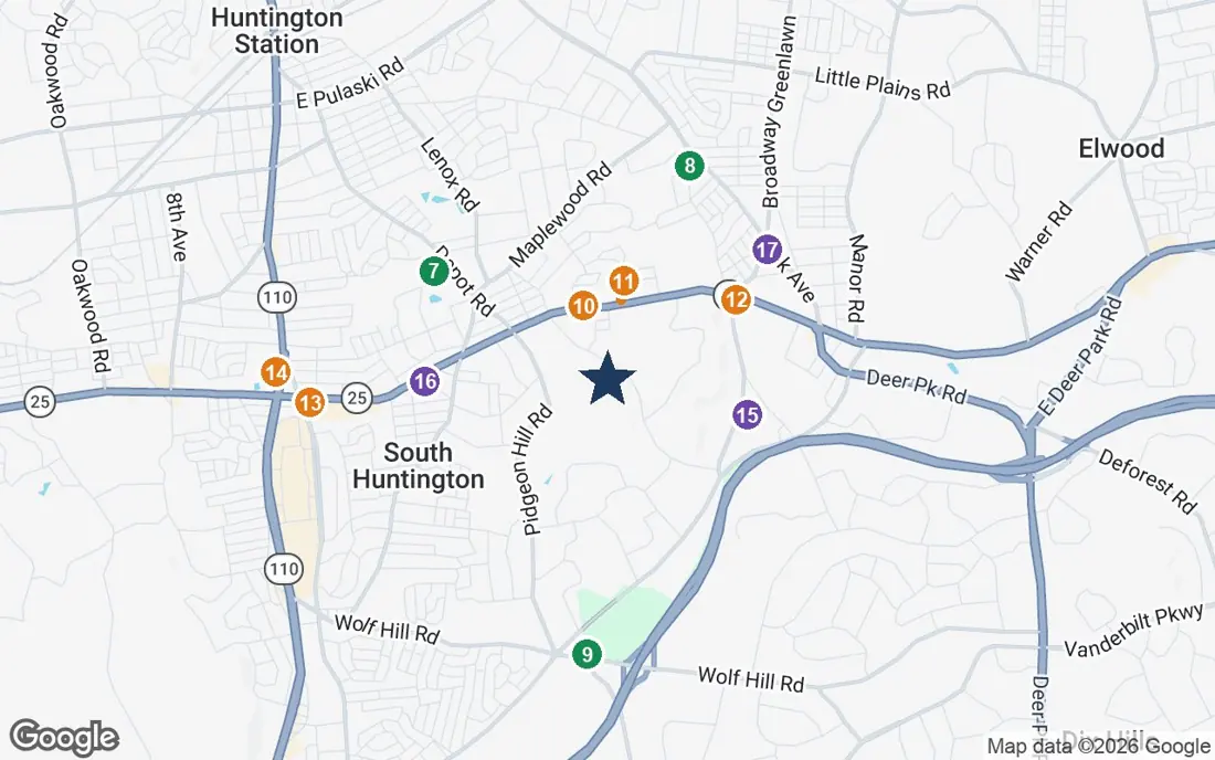 Close-up map of Atria Huntington with nearby parks, shops, pharmacies and places of worship