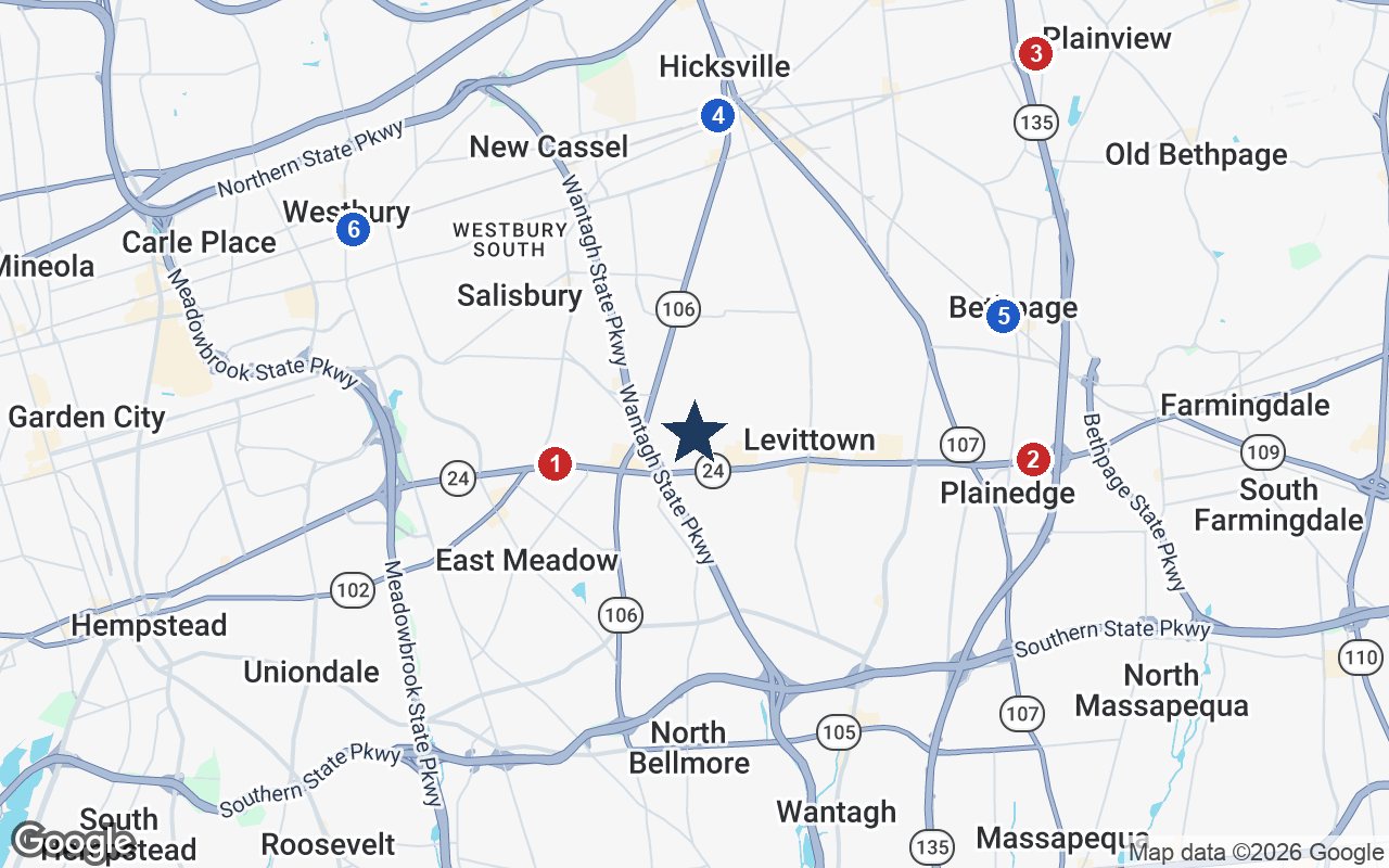 Area map of Atria Levittown with the nearest hospitals and LIRR stations