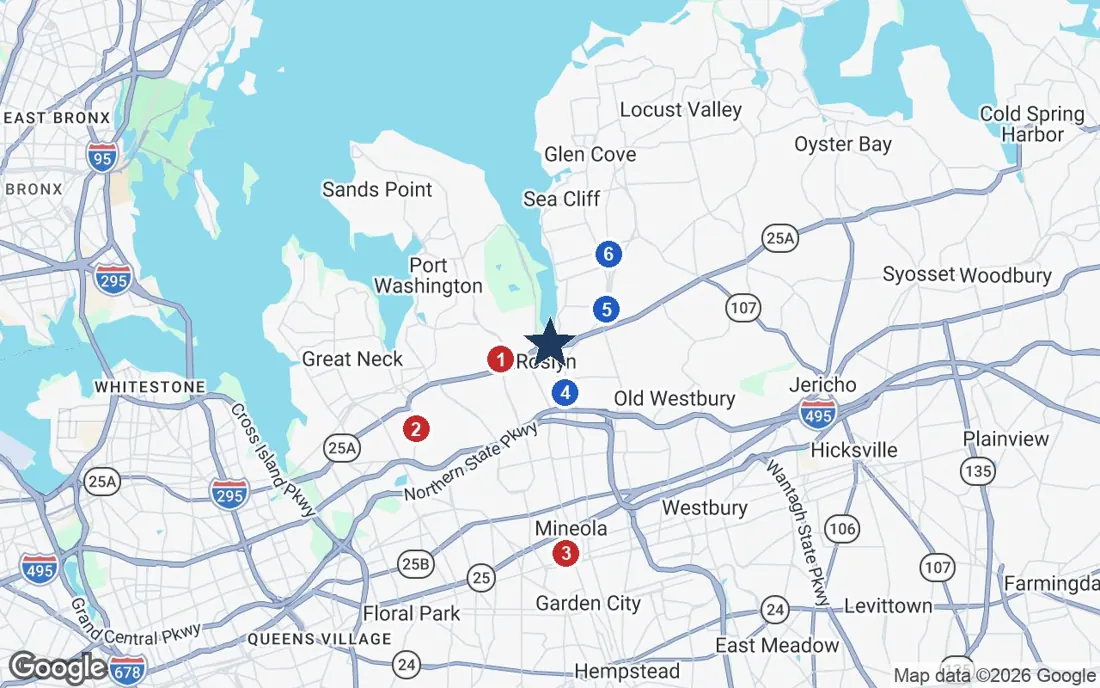 Area map of Atria on Roslyn Harbor with the nearest hospitals and LIRR stations