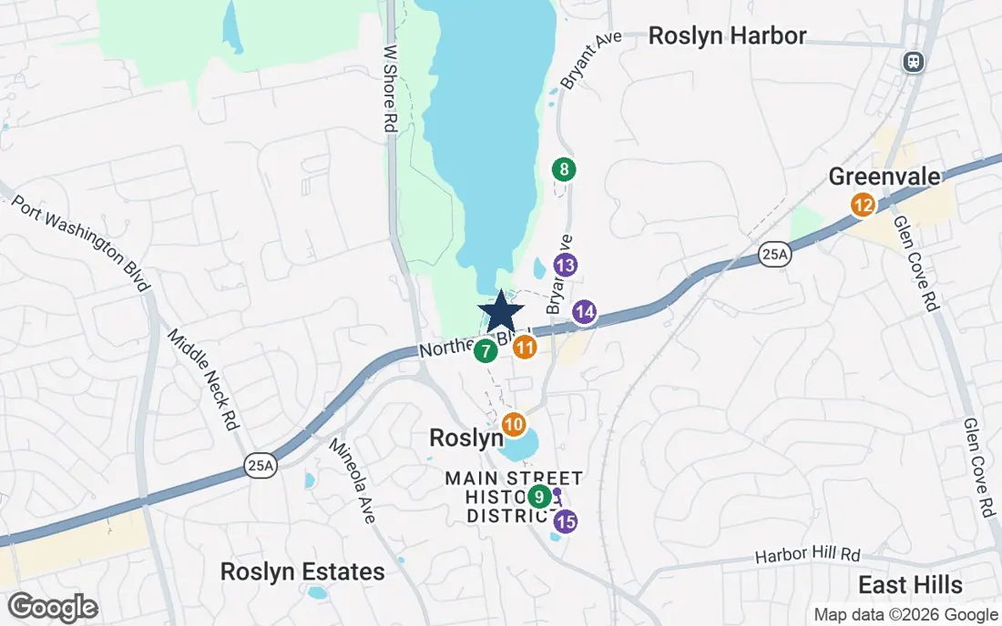 Close-up map of Atria on Roslyn Harbor with nearby parks, shops, pharmacies and places of worship