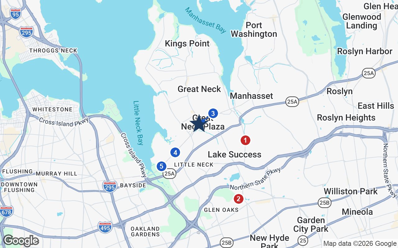 Area map of Atria Park of Great Neck with the nearest hospitals and LIRR stations