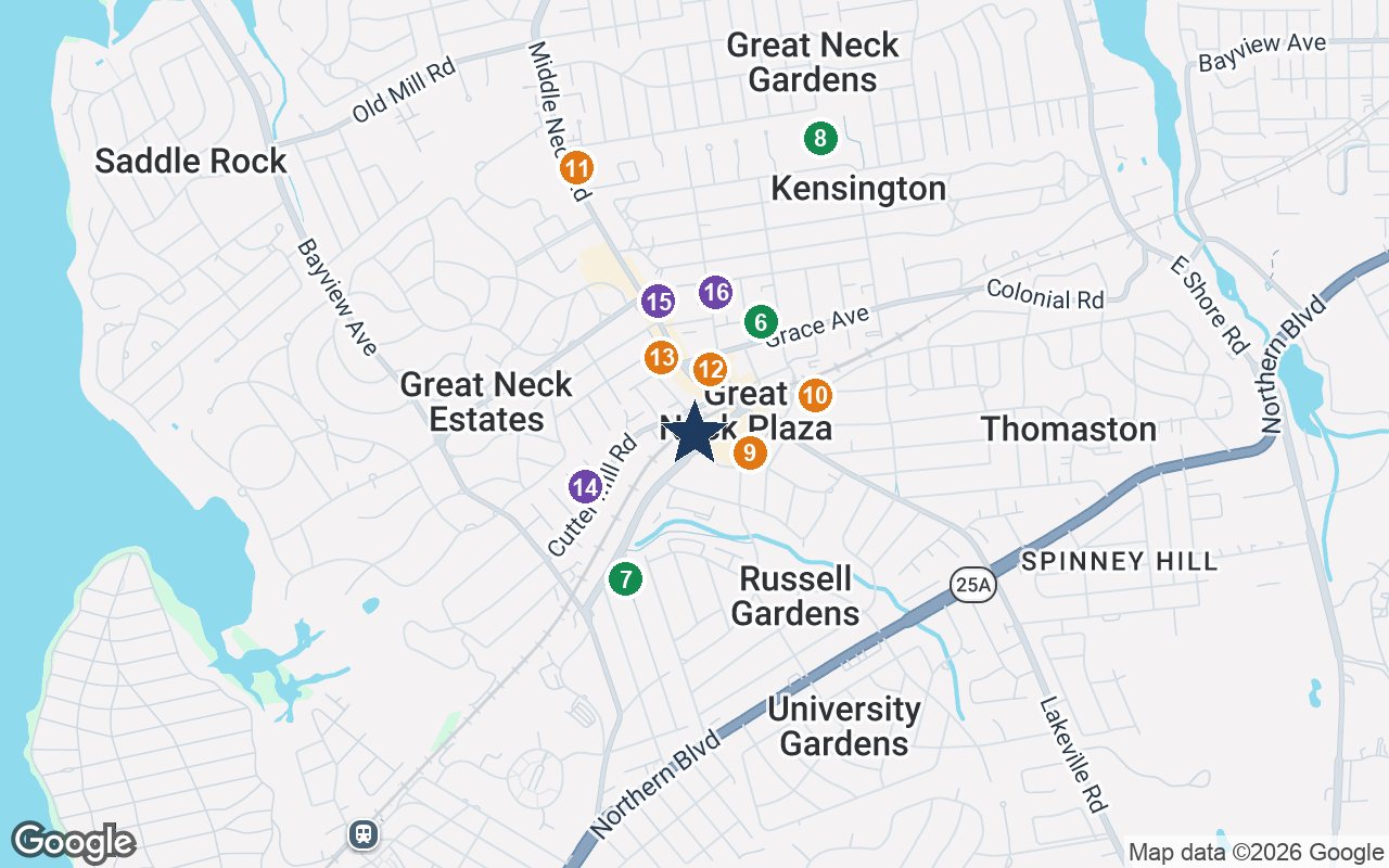 Close-up map of Atria Park of Great Neck with nearby parks, shops, pharmacies and places of worship