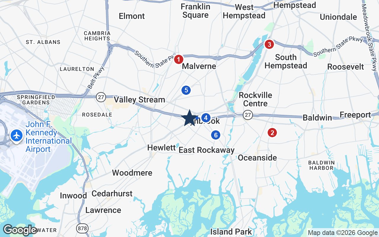 Area map of Atria Park of Lynbrook with the nearest hospitals and LIRR stations