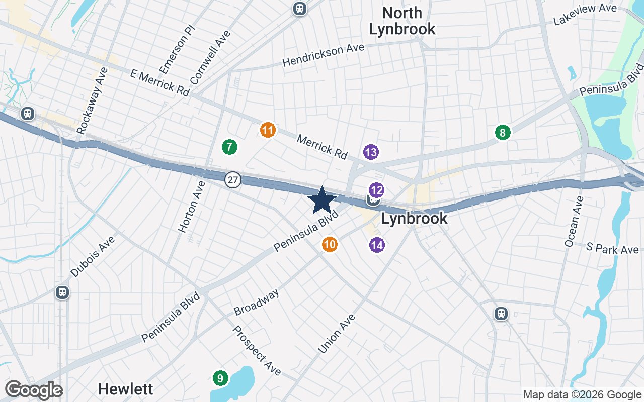 Close-up map of Atria Park of Lynbrook with nearby parks, shops, pharmacies and places of worship