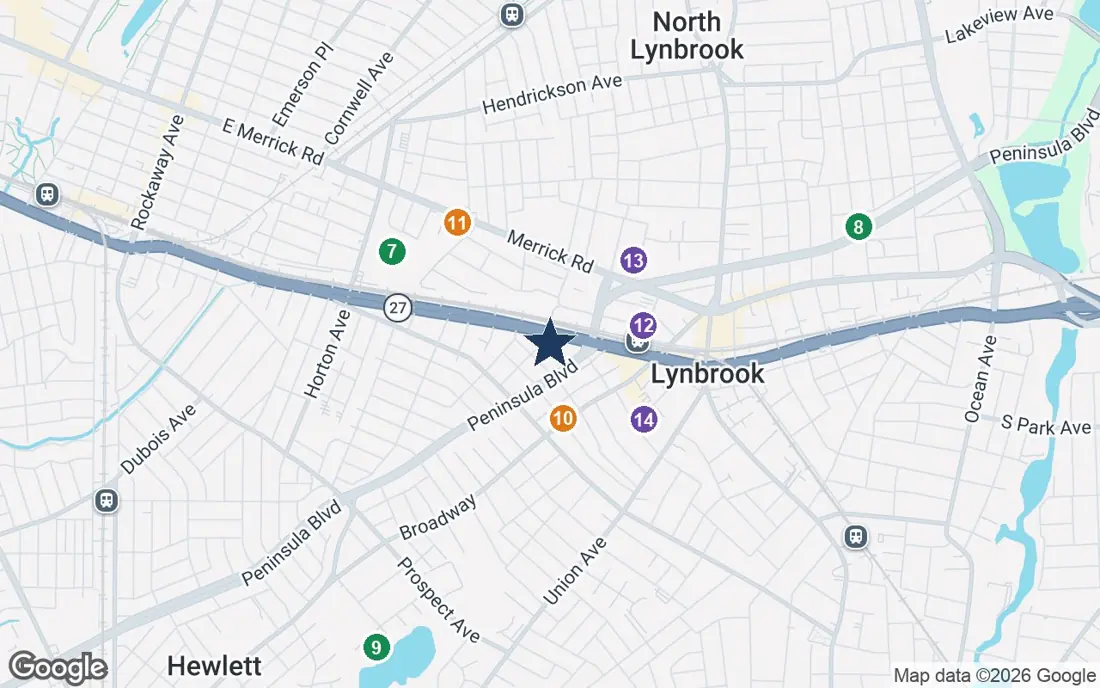 Close-up map of Atria Park of Lynbrook with nearby parks, shops, pharmacies and places of worship