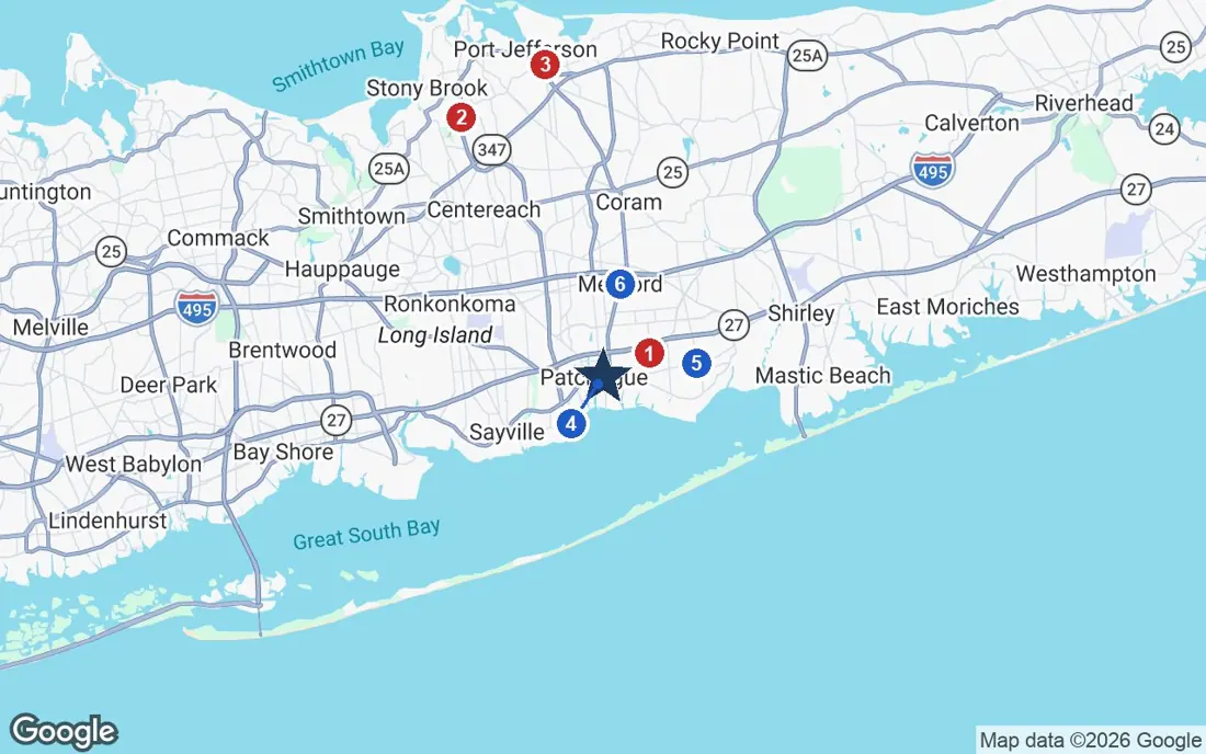 Area map of Atria Patchogue with the nearest hospitals and LIRR stations