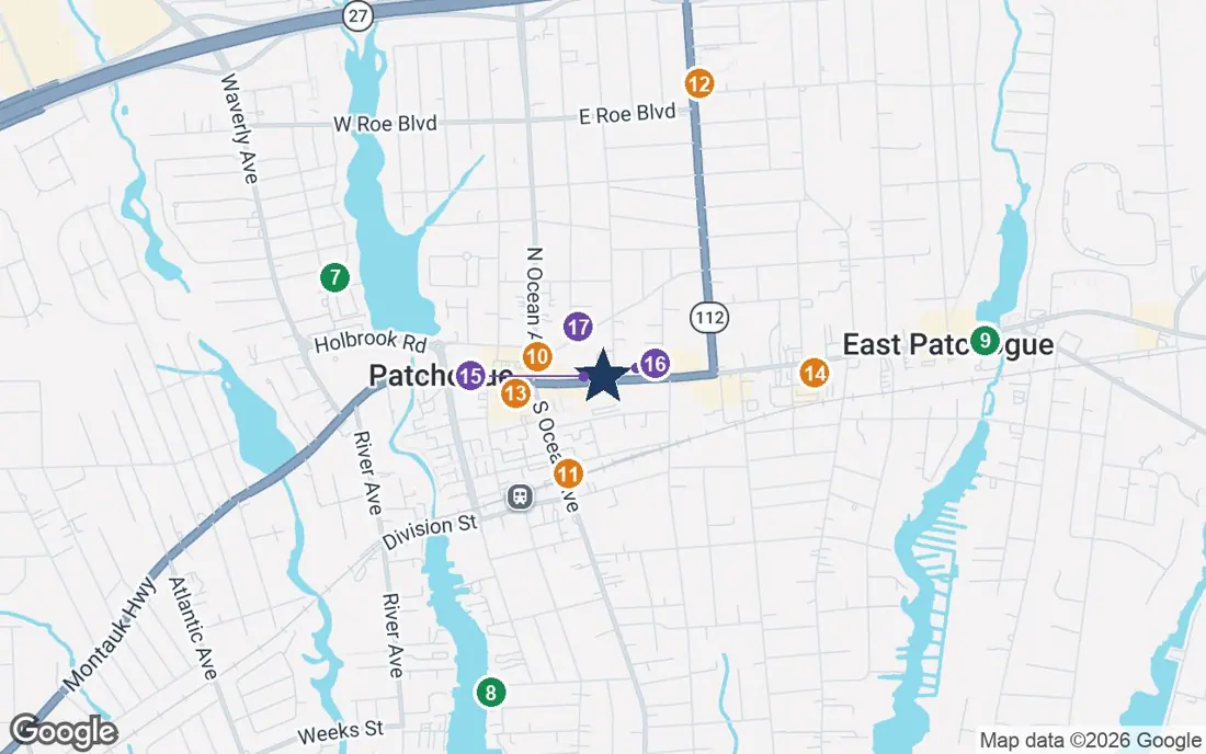 Close-up map of Atria Patchogue with nearby parks, shops, pharmacies and places of worship