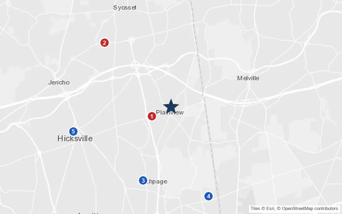 Area map of Atria Plainview with the nearest hospitals and LIRR stations
