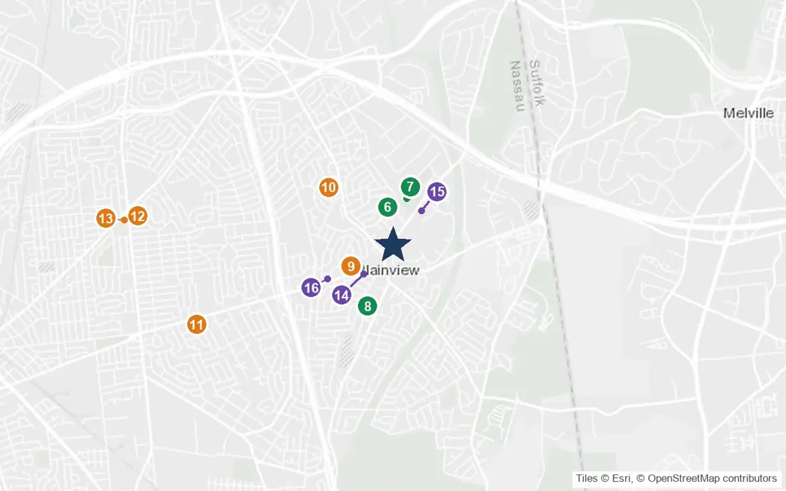 Close-up map of Atria Plainview with nearby parks, shops, pharmacies and places of worship