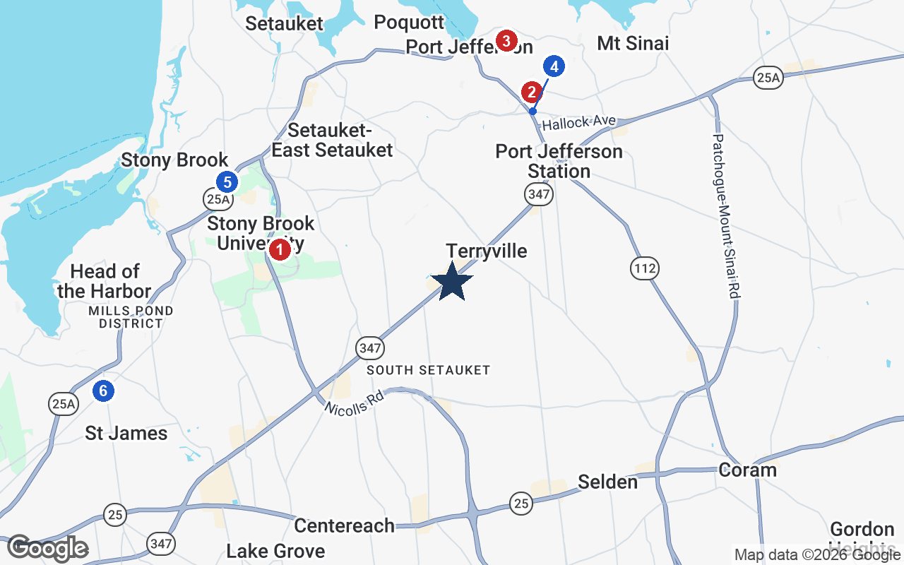 Area map of Atria South Setauket with the nearest hospitals and LIRR stations