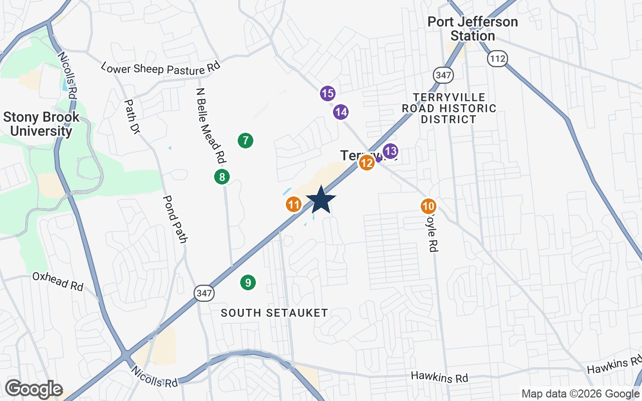 Close-up map of Atria South Setauket with nearby parks, shops, pharmacies and places of worship