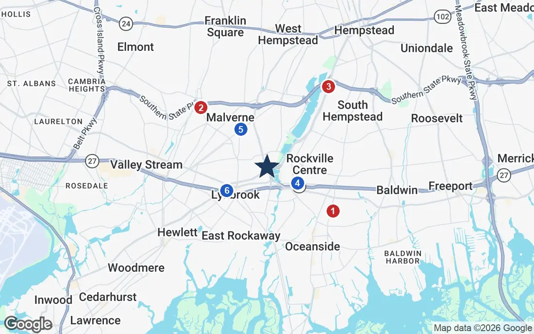 Area map of Atria Tanglewood with the nearest hospitals and LIRR stations