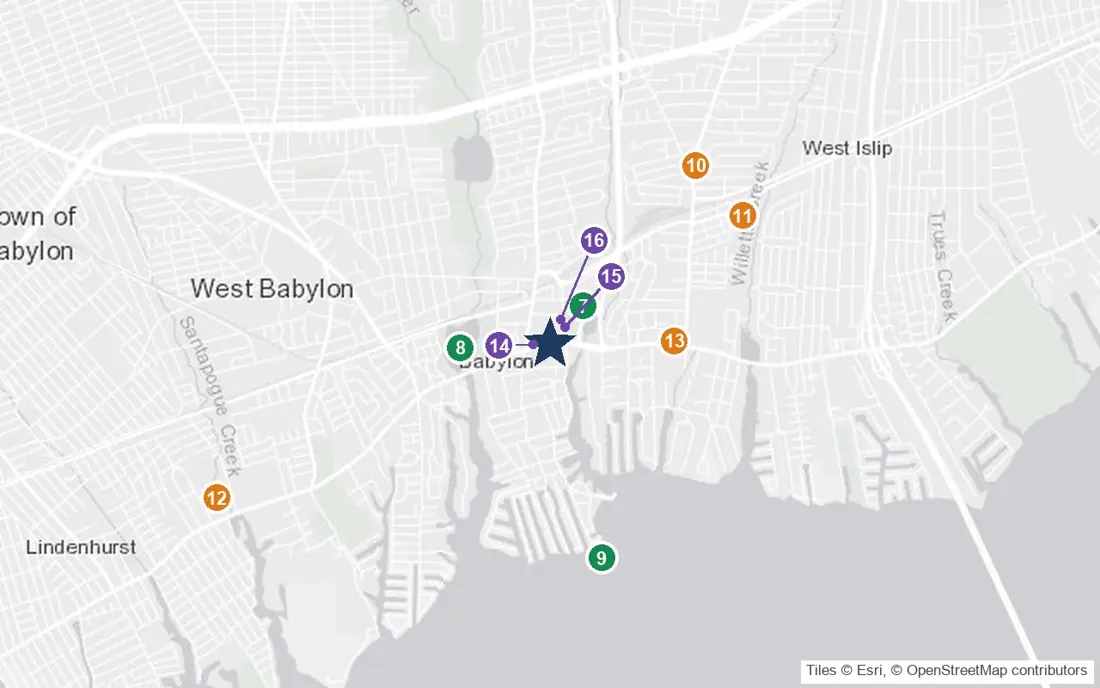 Close-up map of Bayview Rest Home with nearby parks, shops, pharmacies and places of worship