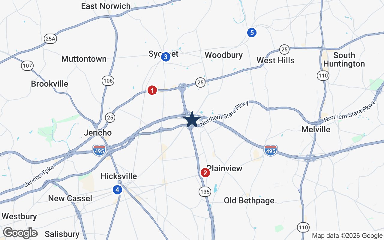 Area map of Benchmark Orchard Estates with the nearest hospitals and LIRR stations