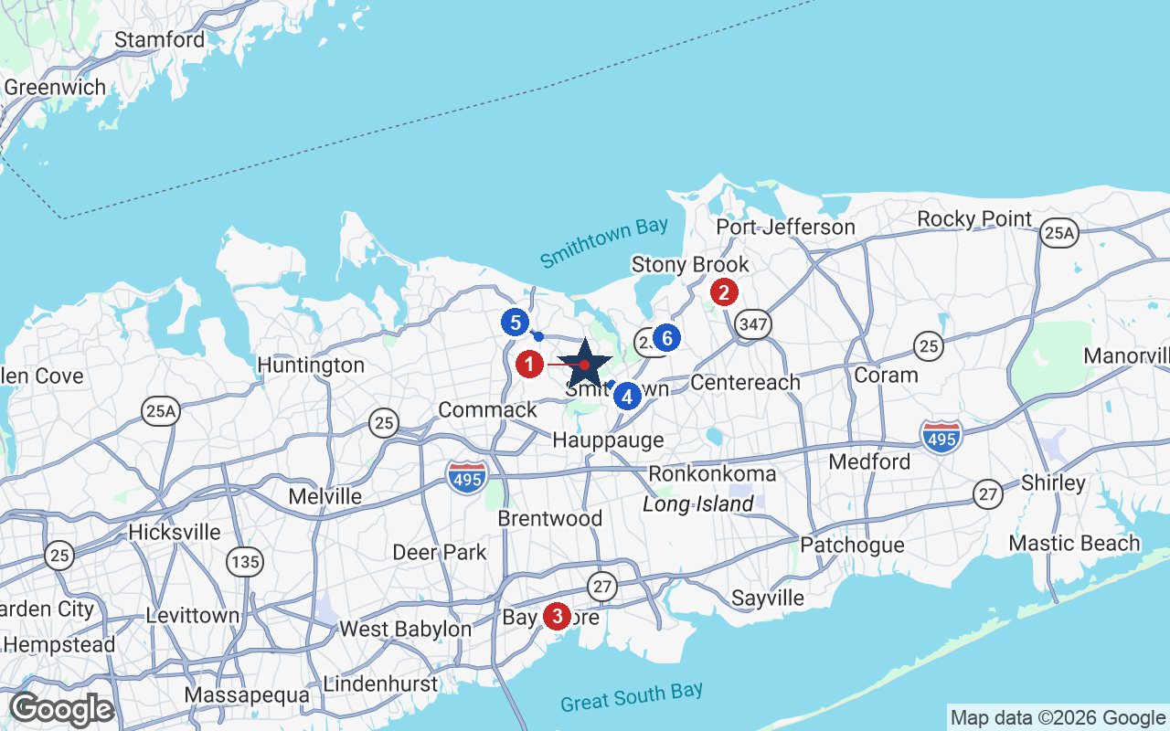Area map of Benchmark Whisper Woods with the nearest hospitals and LIRR stations
