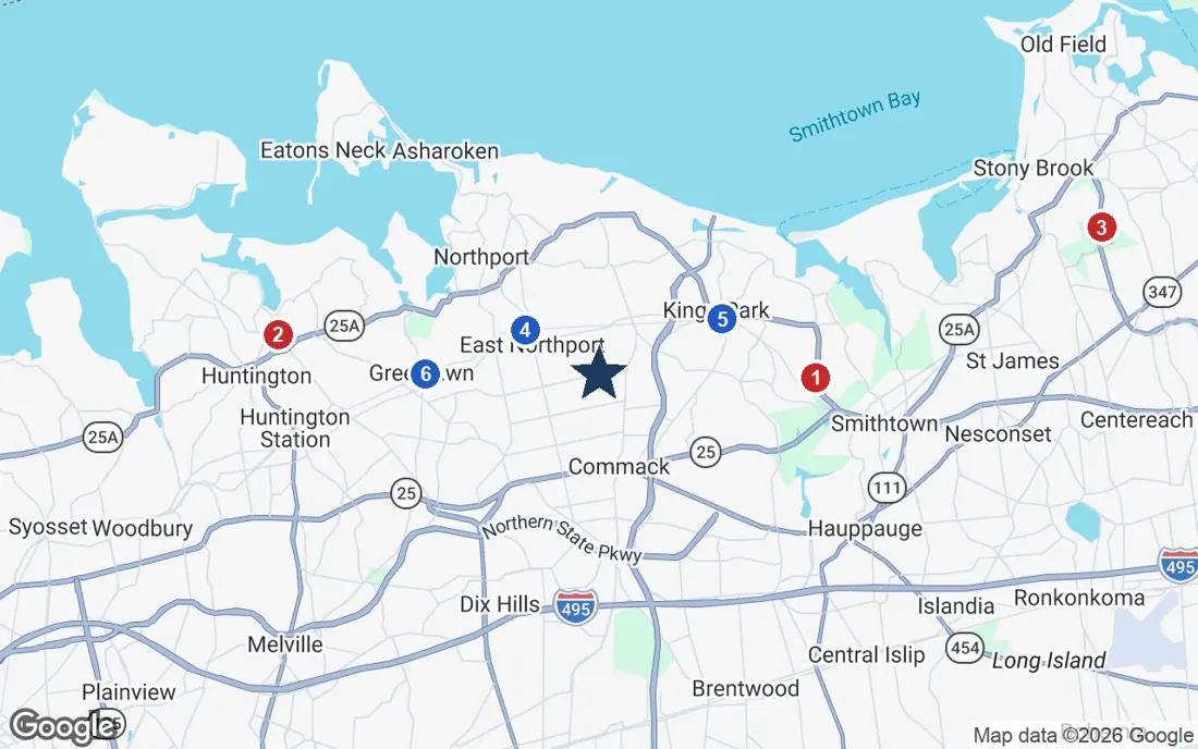 Area map of Birchwood Suites with the nearest hospitals and LIRR stations