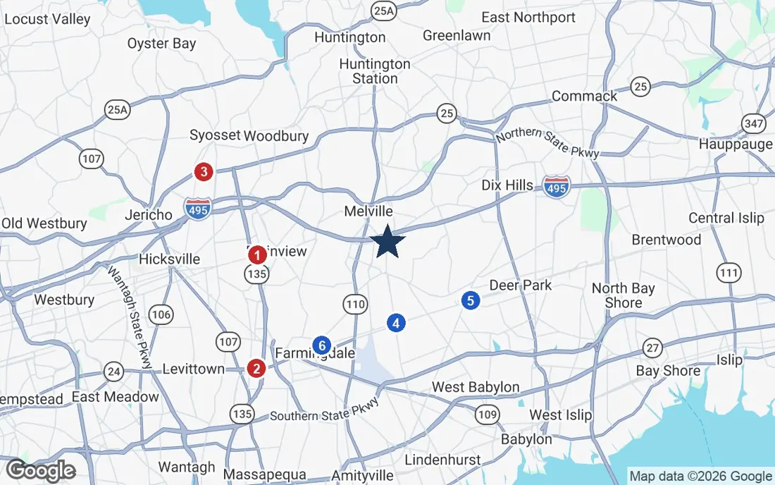 Area map of Brandywine Huntington Station by Monarch with the nearest hospitals and LIRR stations