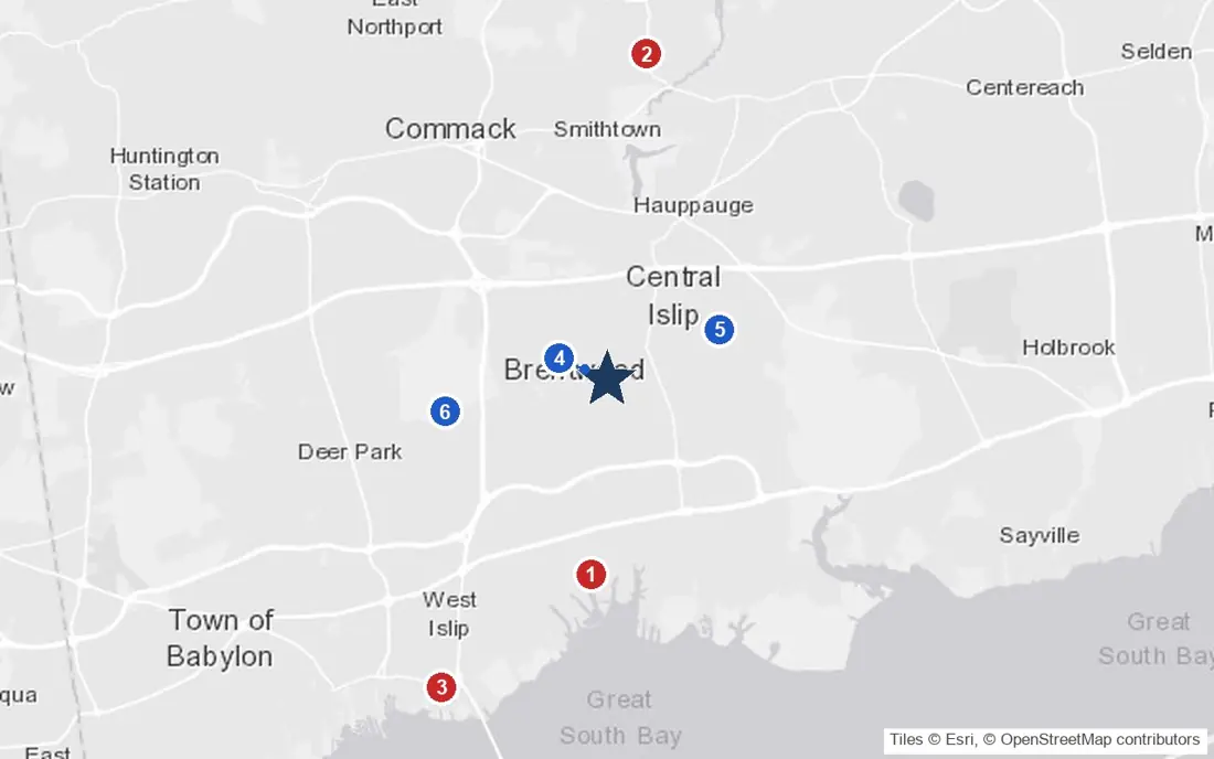 Area map of Brentwood Adult Home with the nearest hospitals and LIRR stations