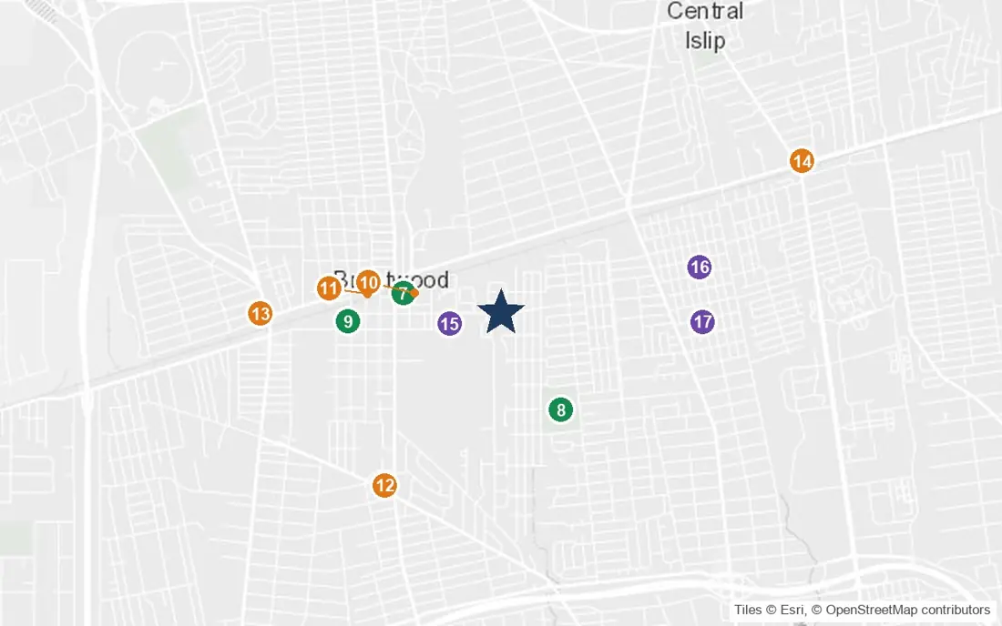 Close-up map of Brentwood Adult Home with nearby parks, shops, pharmacies and places of worship