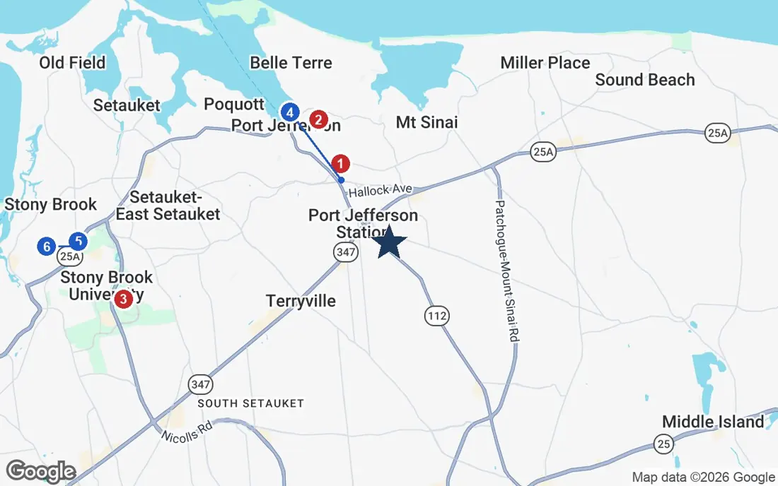 Area map of Brightview Port Jefferson Station with the nearest hospitals and LIRR stations