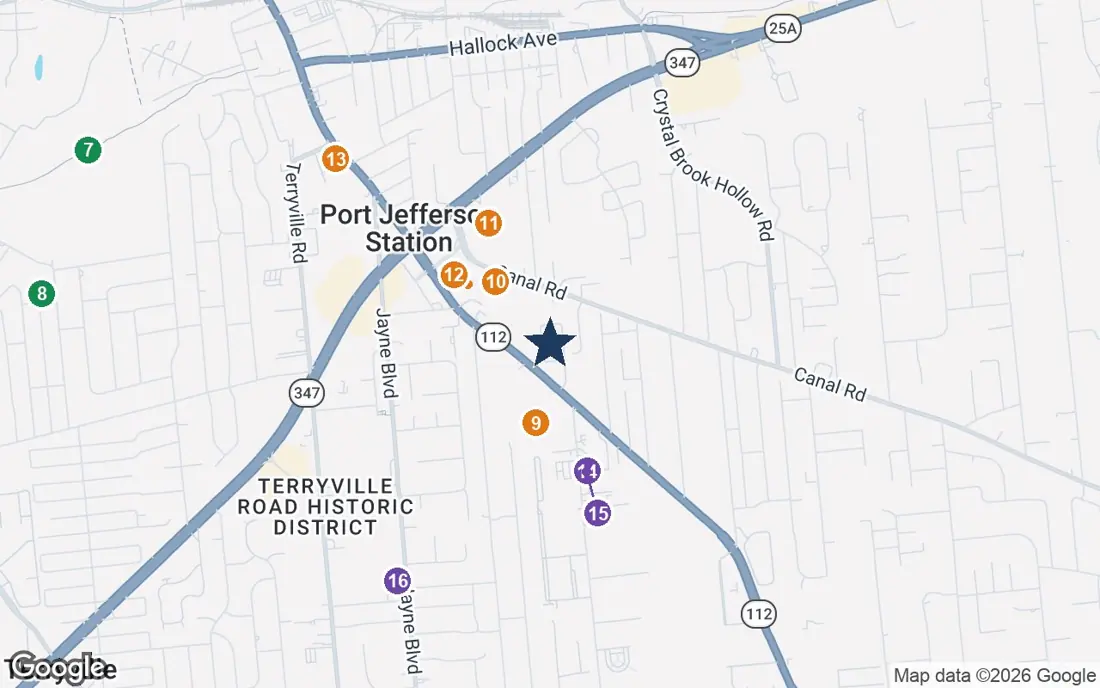 Close-up map of Brightview Port Jefferson Station with nearby parks, shops, pharmacies and places of worship