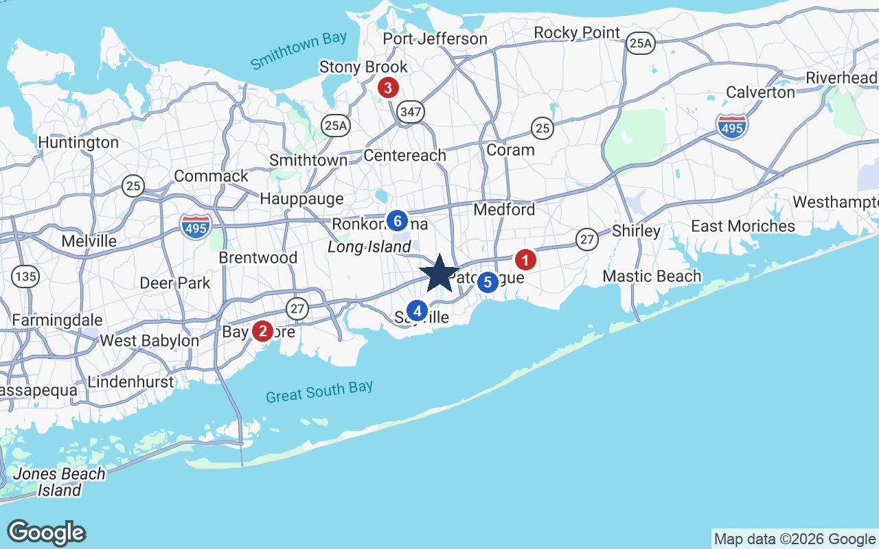 Area map of Brightview Senior Living - Sayville with the nearest hospitals and LIRR stations