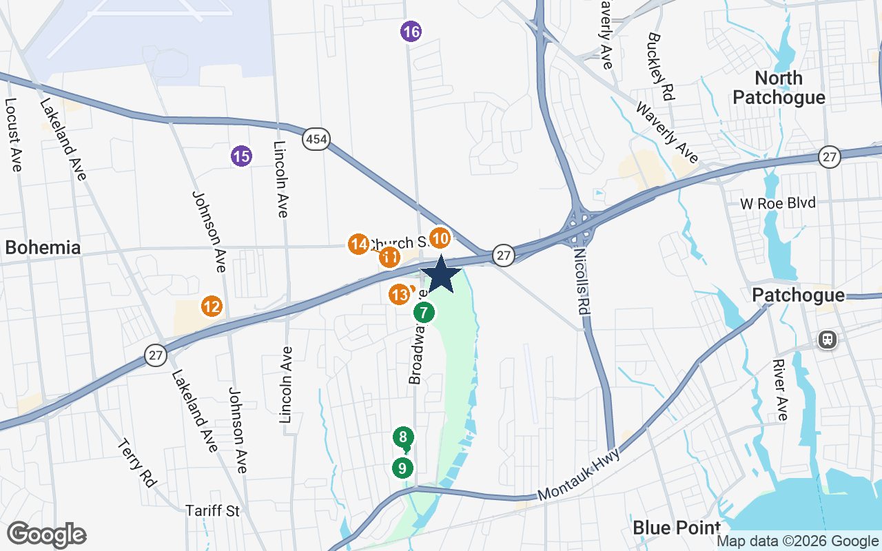 Close-up map of Brightview Senior Living - Sayville with nearby parks, shops, pharmacies and places of worship