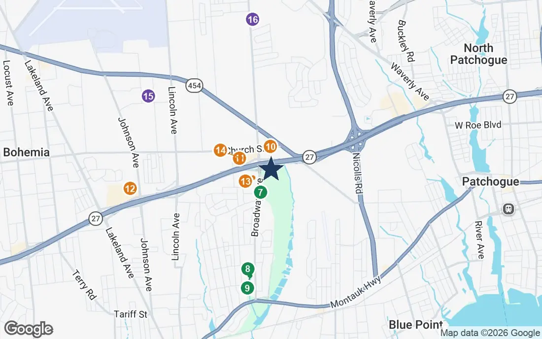Close-up map of Brightview Senior Living - Sayville with nearby parks, shops, pharmacies and places of worship
