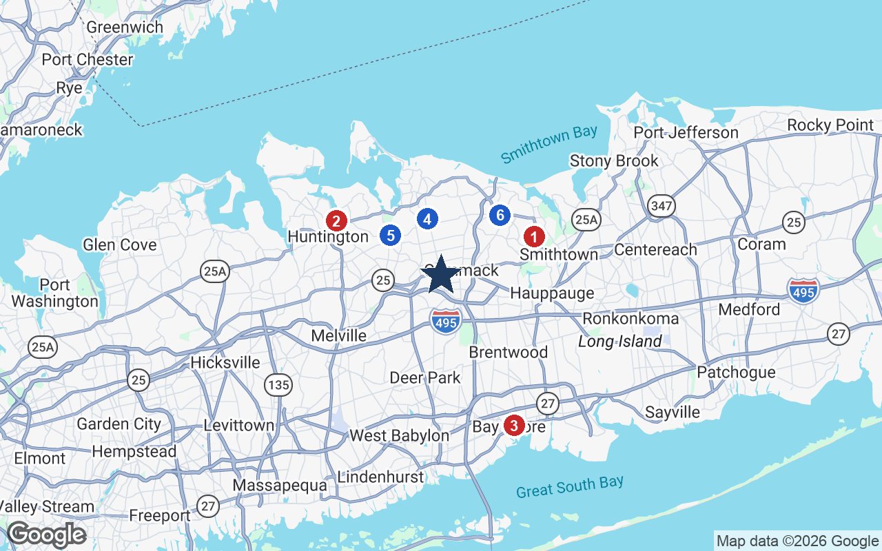 Area map of Bristal East Northport with the nearest hospitals and LIRR stations