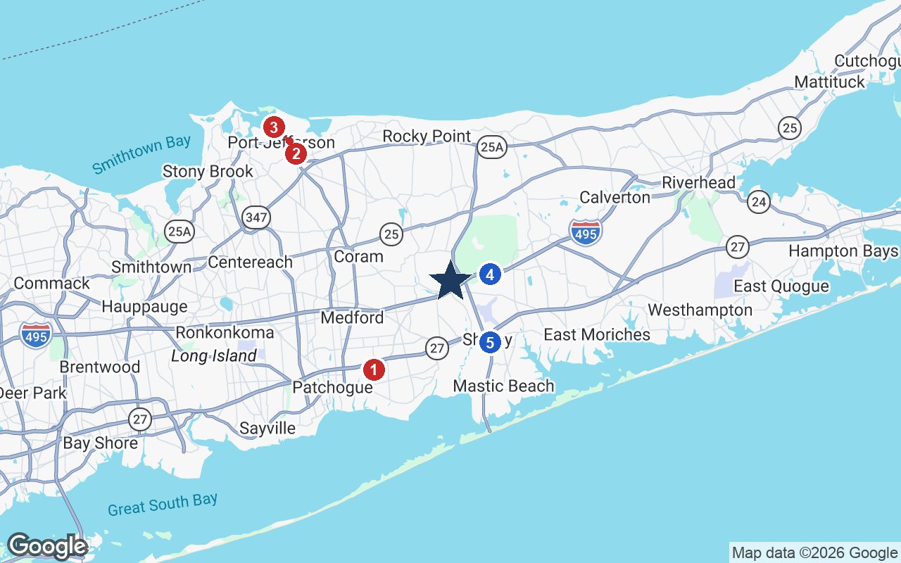 Area map of Chelsea Senior Living at Brookhaven with the nearest hospitals and LIRR stations