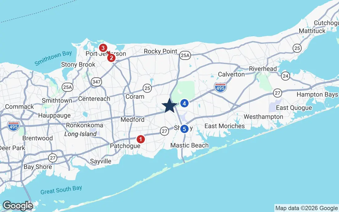 Area map of Chelsea Senior Living at Brookhaven with the nearest hospitals and LIRR stations
