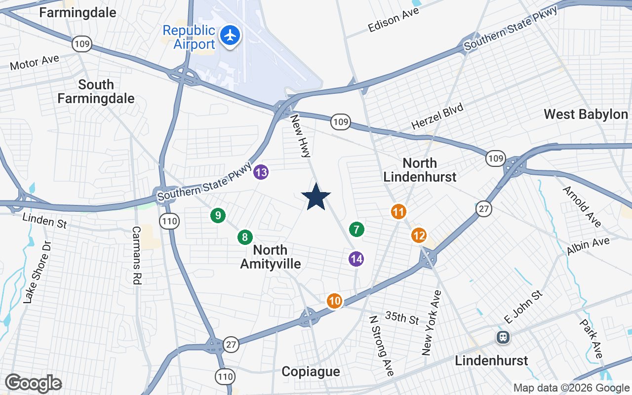 Close-up map of Dominican Village Independent Living with nearby parks, shops, pharmacies and places of worship