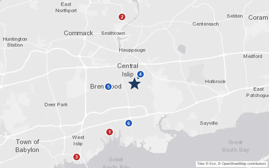 Area map of Elmore Home for Adults with the nearest hospitals and LIRR stations