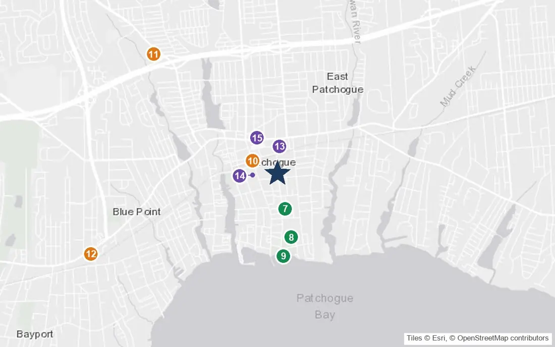 Close-up map of Gables Home for Adults with nearby parks, shops, pharmacies and places of worship
