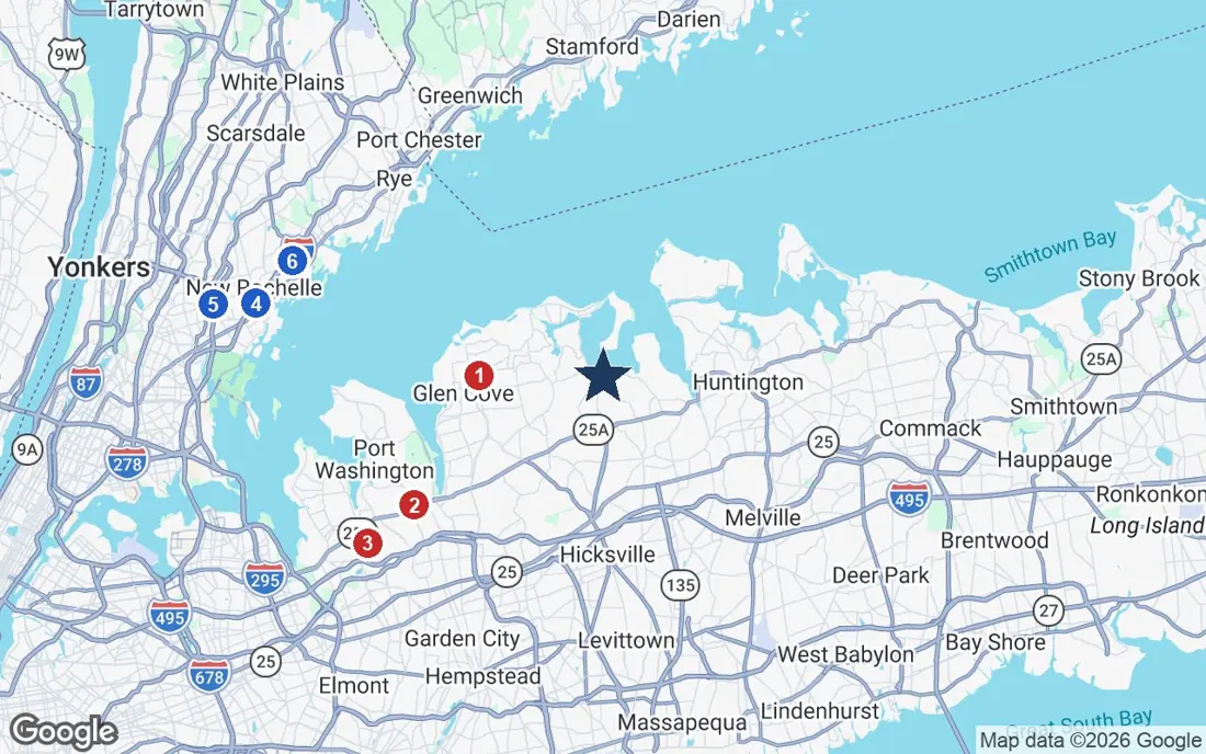 Area map of Harbor House with the nearest hospitals and LIRR stations