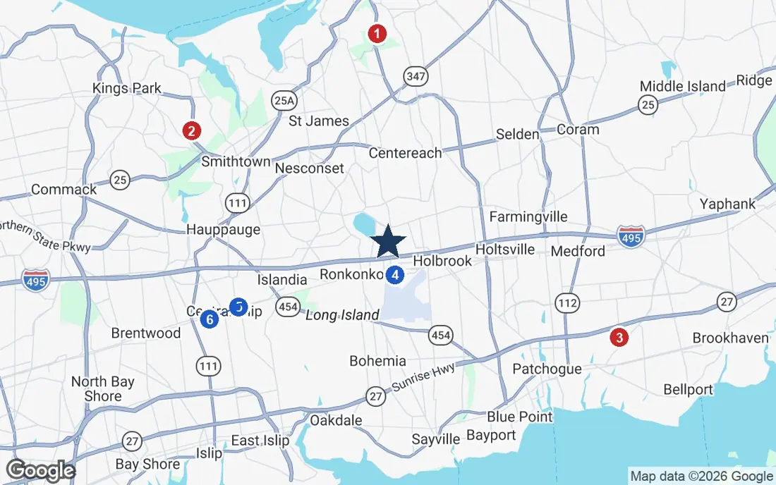Area map of Hidden Gem with the nearest hospitals and LIRR stations
