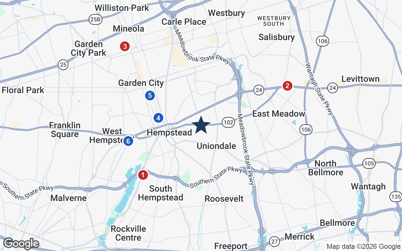 Area map of Island Assisted Living with the nearest hospitals and LIRR stations