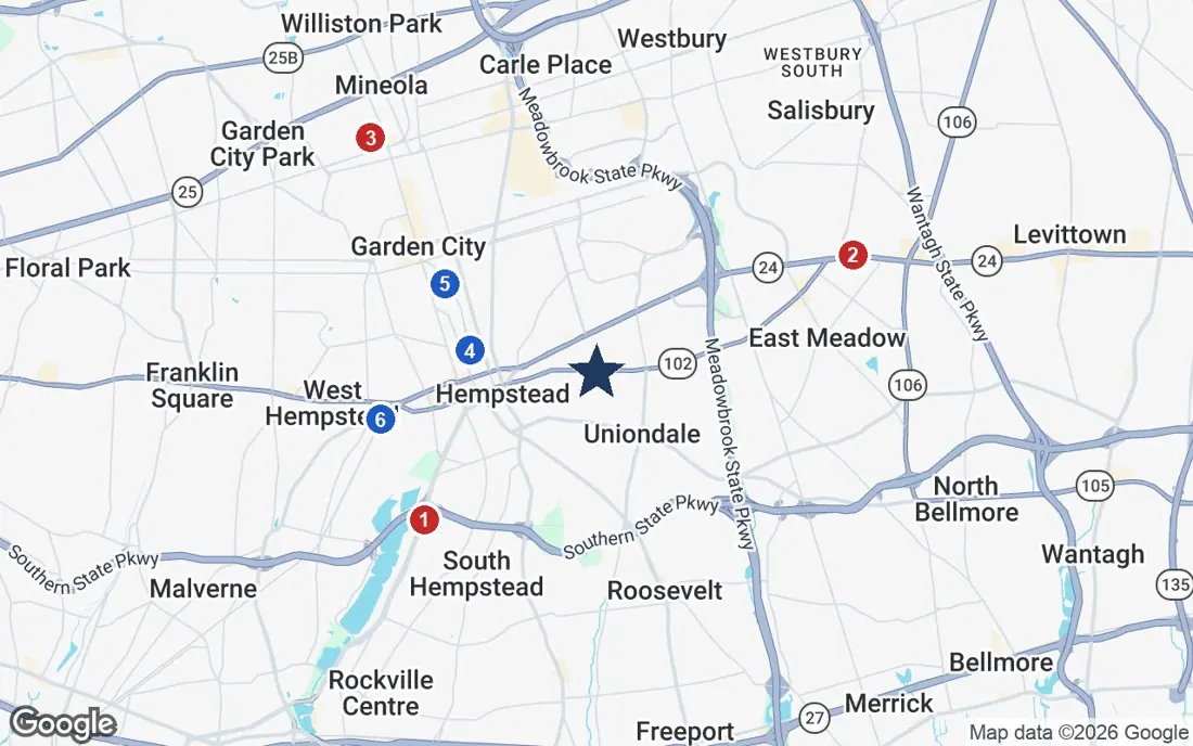 Area map of Island Assisted Living, ALP with the nearest hospitals and LIRR stations