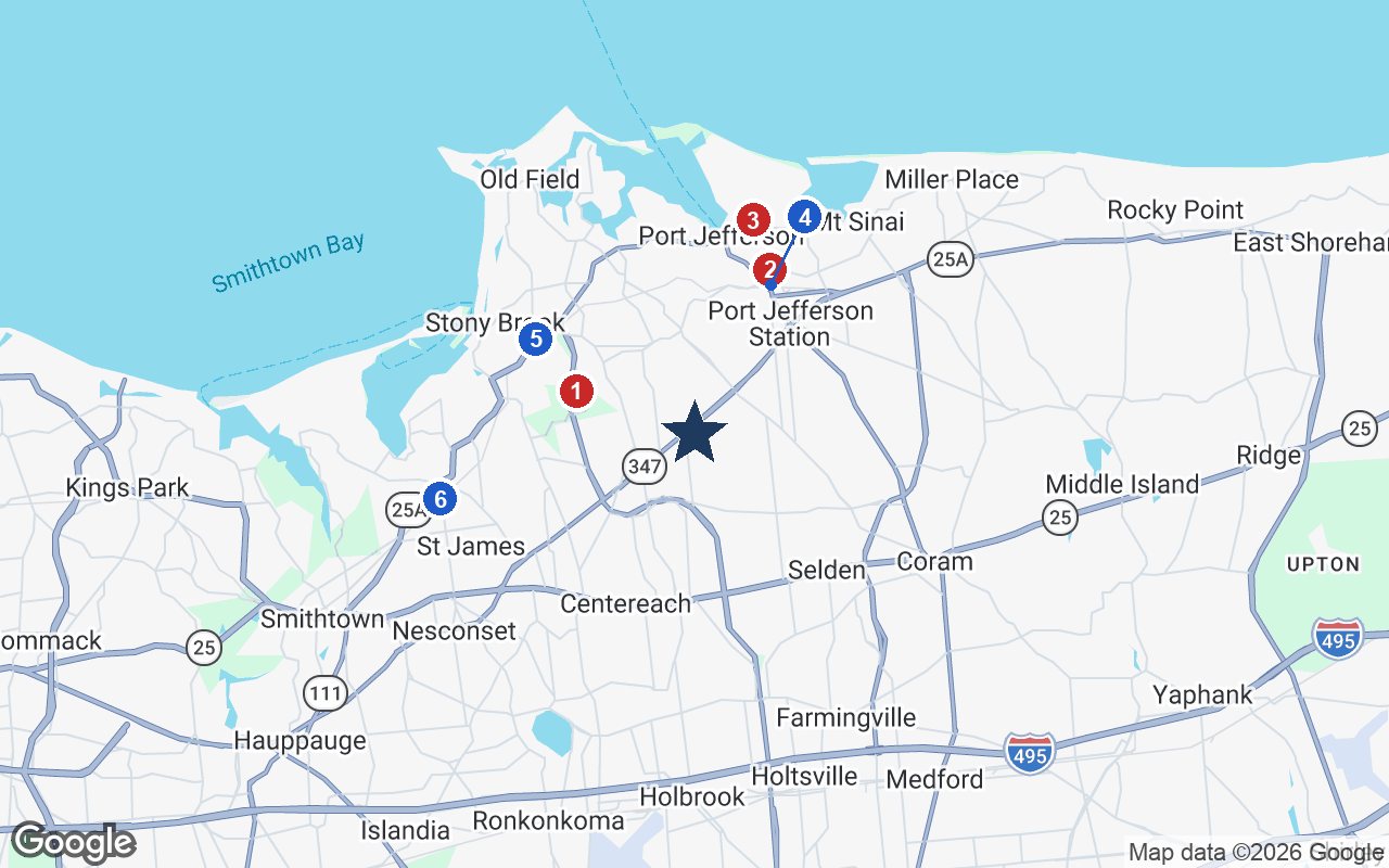 Area map of Jefferson's Ferry with the nearest hospitals and LIRR stations