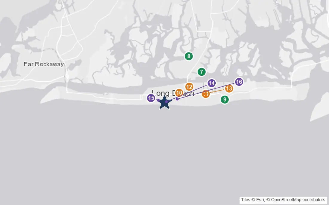 Close-up map of Long Beach Assisted Living with nearby parks, shops, pharmacies and places of worship