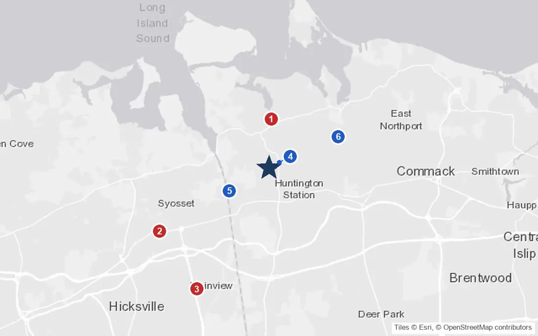 Area map of Manor Haven Adult Home with the nearest hospitals and LIRR stations