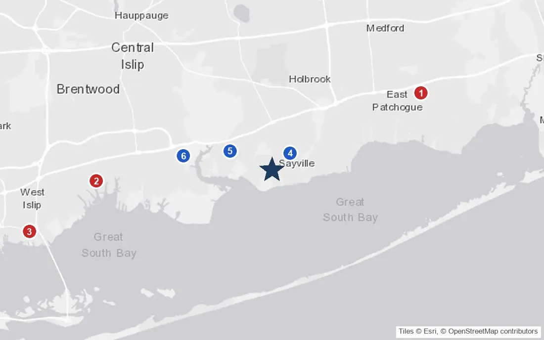 Area map of Maple Rest Home with the nearest hospitals and LIRR stations