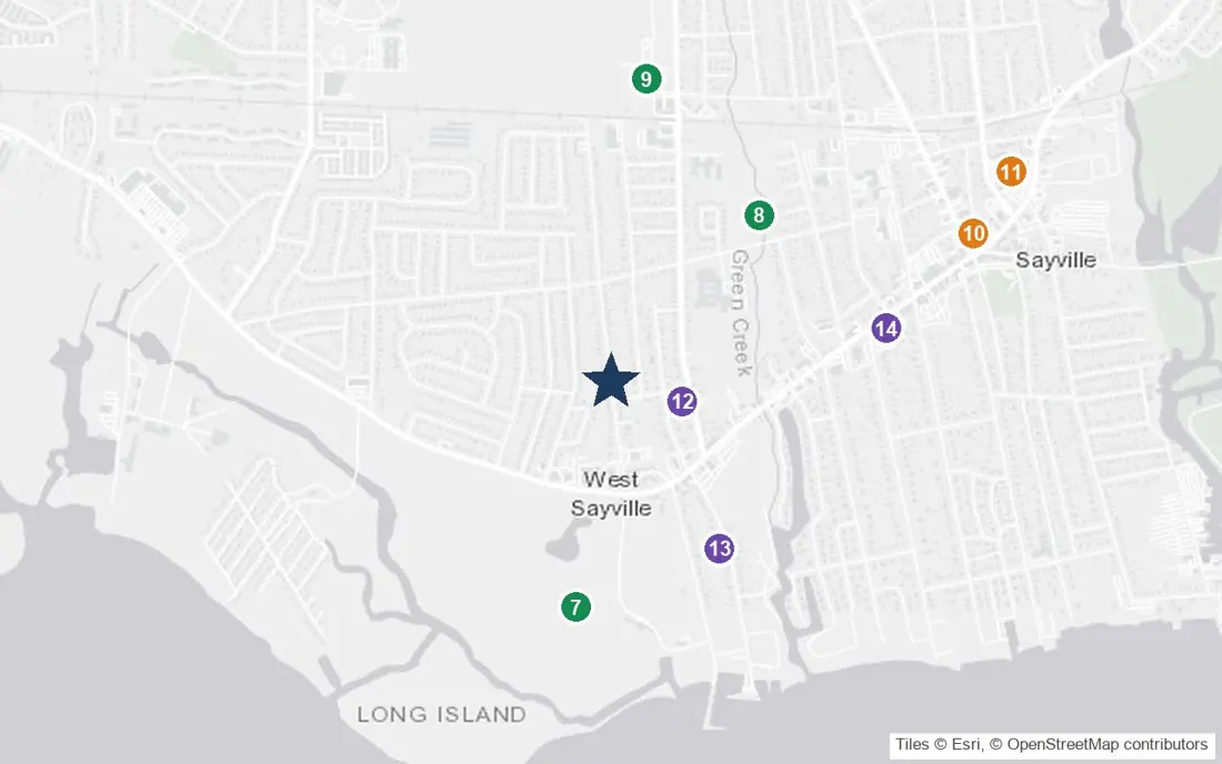 Close-up map of Maple Rest Home with nearby parks, shops, pharmacies and places of worship
